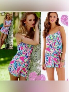 Lilly Pulitzer Deanna Romper Palm Reader Pink Blue Tropical Spaghetti Strap Sz M